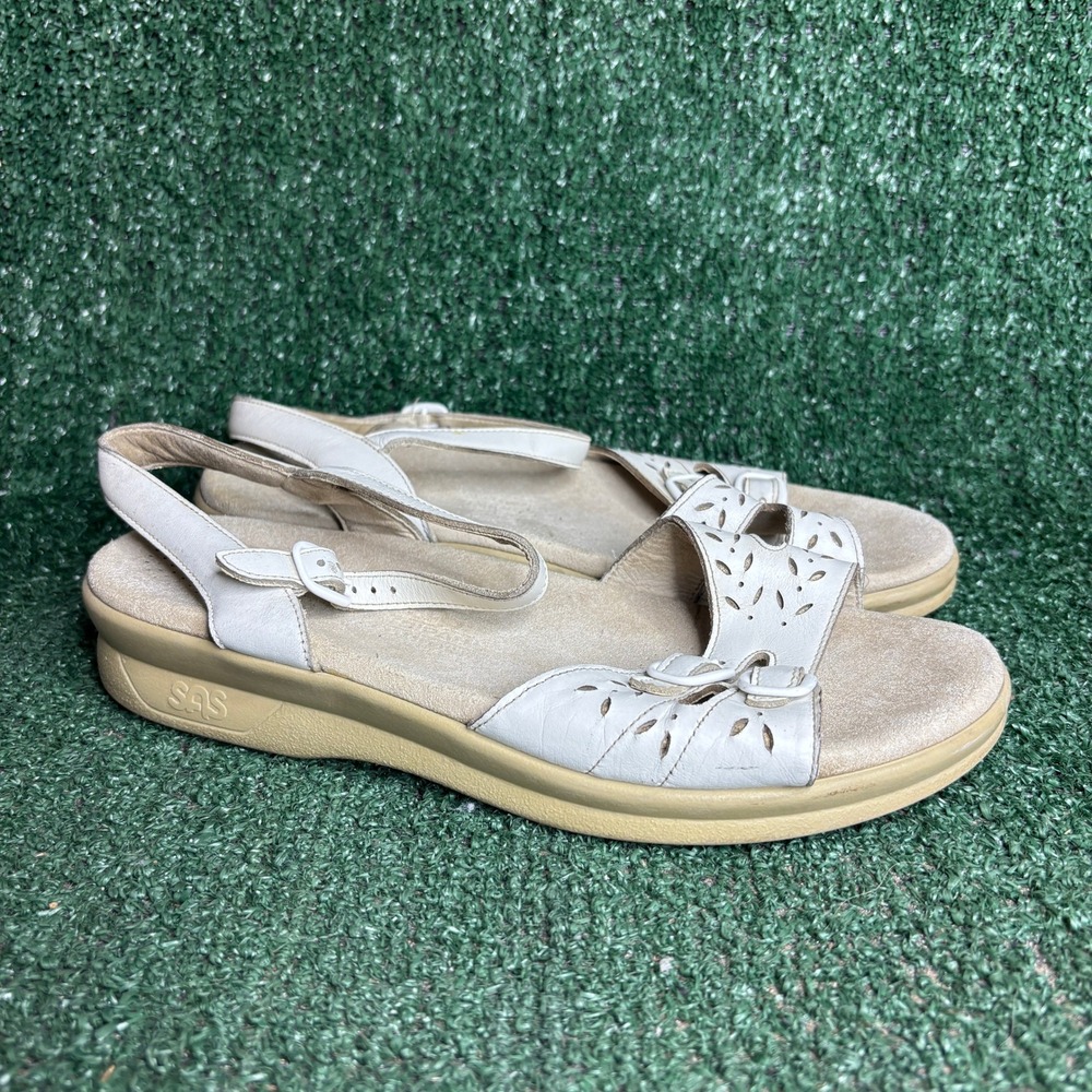 SAS Duo Perforated Leather Adjustable Comfort Walking Sandals White Women 9 Wide